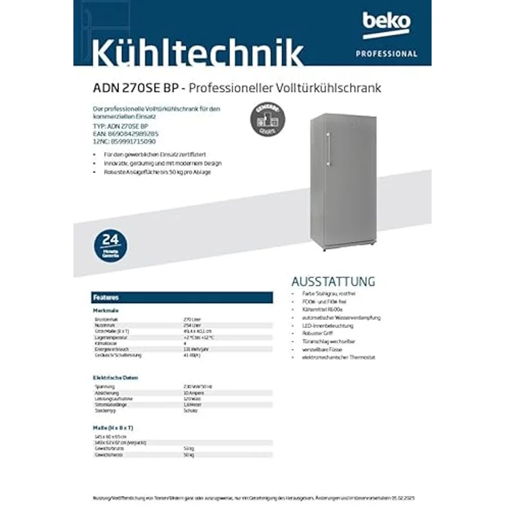 Beko ADN 270SE BP, Volltürkühlschrank mit 254 Litern Nutzinhalt und LED-Innenbeleuchtung, Stahlgrau – Bild 7