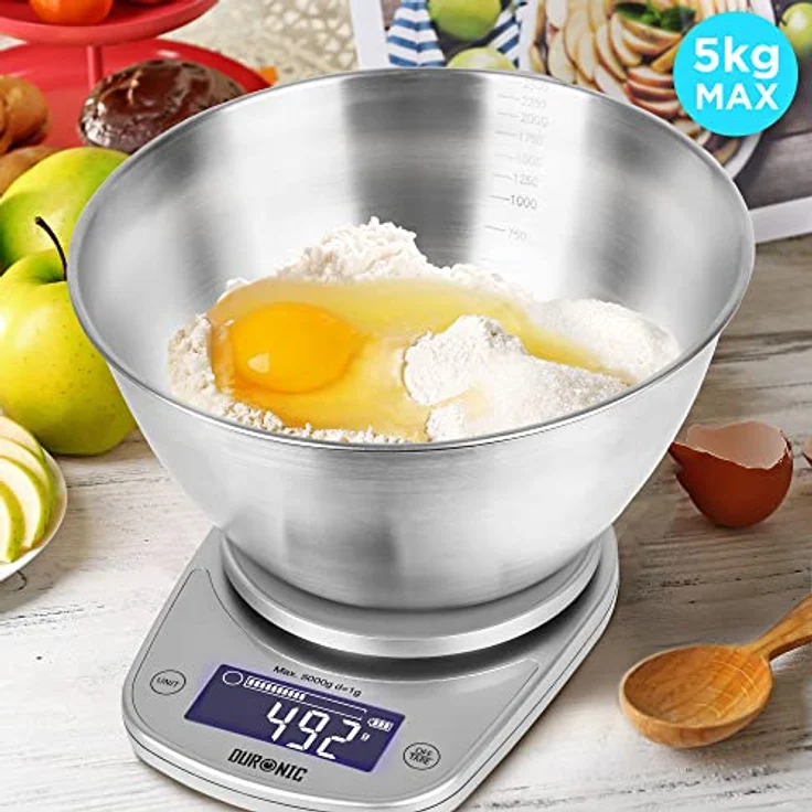 Duronic KS5000 SR/SS Küchenwaage | 5 kg Digitalwaage oval mit 2,5 L abnehmbarer Schüssel | 1 g grammgenau Präzision-Feinwaage | Haushaltswaage mit Tara-Funktion | Digitale Waage mit Hold-Funktion – Bild 3
