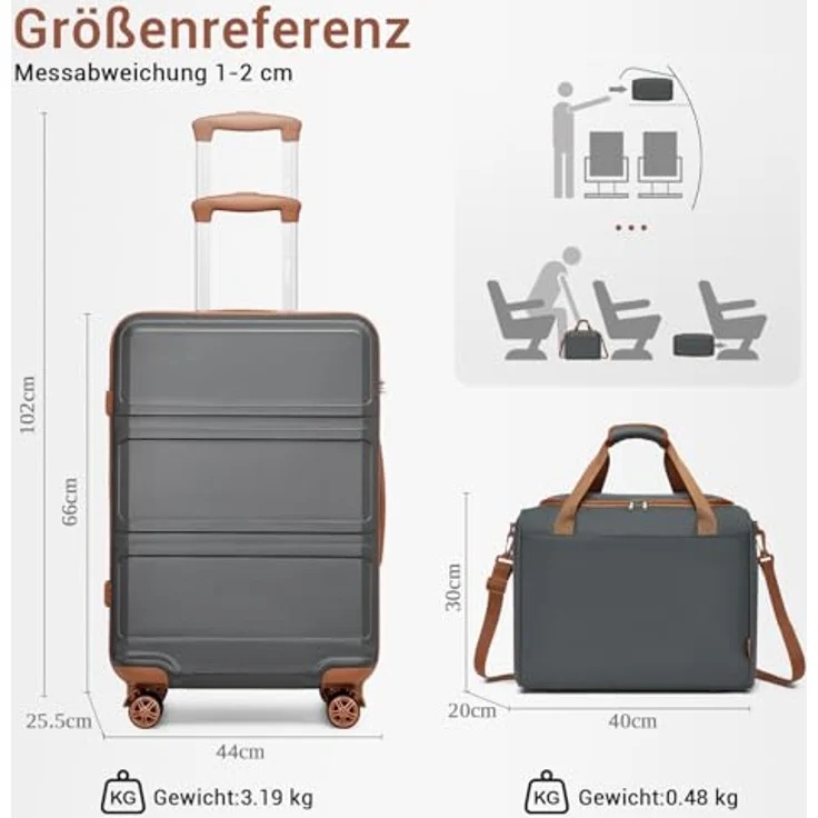 KONO Reisekoffer Set 2-teilig, Mittelgroß 65cm Trolley mit TSA Schloss und 4 Rollen, inklusive Ryanair Reisetasche 40x30x20cm, Grau/Braun – Bild 2