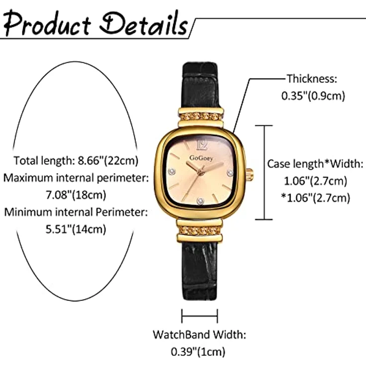 JewelryWe Damen Analog Quarz Armbanduhr, quadratisch mit Strass, Lederarmband in Schwarz, wasserdicht – Bild 2