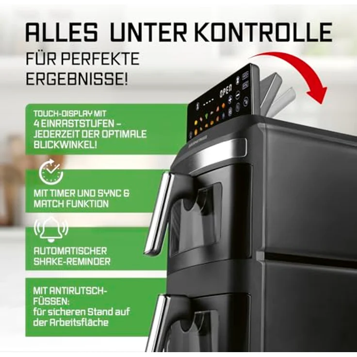 GOURMETmaxx FryUp XL, vertikale Doppelkammer Heißluftfritteuse mit 12 L und Sichtfenster, 2800 W, schwarz, mit 9,6 Zoll Multi-Colour LED-Touchdisplay & 12 Programmen – Bild 8