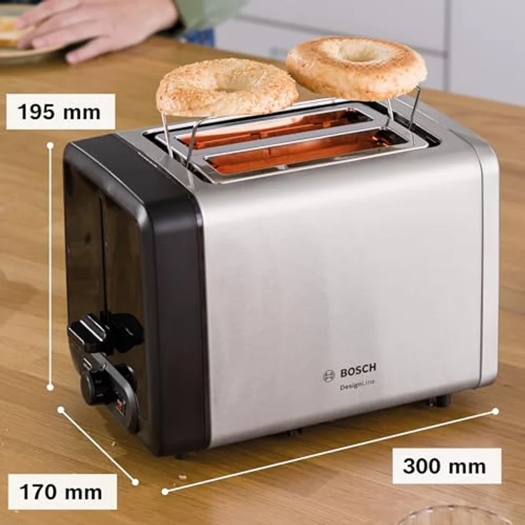 Bosch TAT4P420DE DesignLine Toaster, 970W, Auftau-Aufwärmfunktion, versenkbarer Brötchenaufsatz, Abschaltautomatik, schwarz, silber – Bild 3