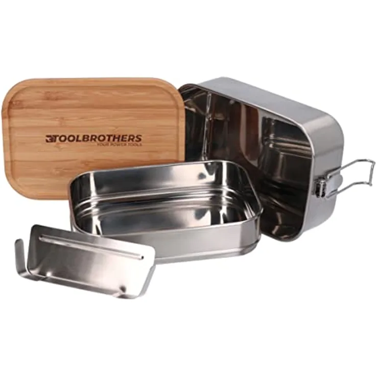 Toolbrothers Fan Edelstahl Brotdose mit 2 Etagen und Bambus Deckel 1340 ml, spülmaschinengeeignet - Lunchboxen & Brotdosen