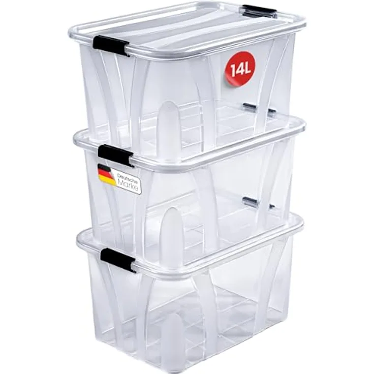 KONZEPT Aufbewahrungsbox mit Deckel, 14L-3er Set, BPA-frei, mit robusten Verschlussclips und staubbaren Design