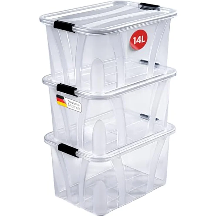 KONZEPT Aufbewahrungsbox mit Deckel, 14L-3er Set, BPA-frei, mit robusten Verschlussclips und staubbaren Design – Bild 1