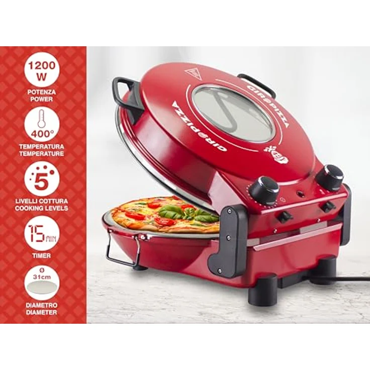 Beper P101CUD301 Pizzaofen mit Bullauge, 400°C, 31 cm Keramikplatte, 5 Kochstufen, 15-Minuten-Timer, wärmeisolierte Griffe, Edelstahlpaddel – Bild 3