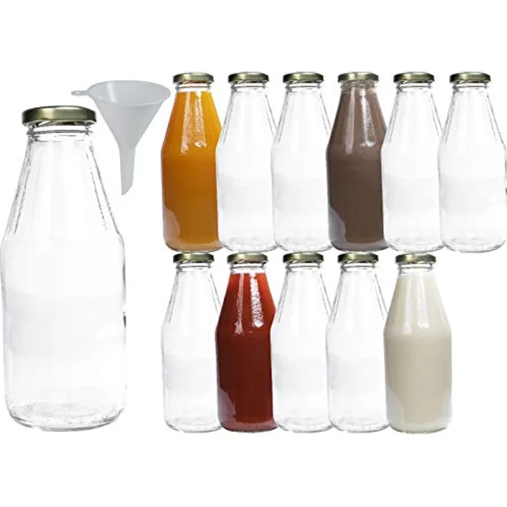 mikken 12 x Glasflasche 500 ml, Flasche mit Schraubverschluss gold inkl. Trichter