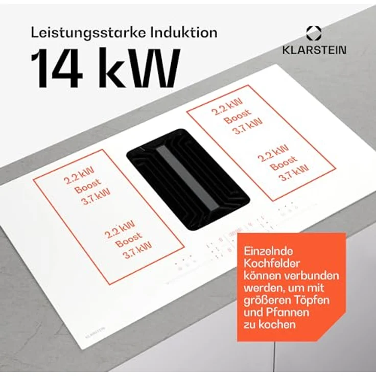 Klarstein AirJet FlexPro Induktionskochfeld mit Dunstabzug, A++ Effizienz, 750 m³/h Luftstrom, 14 kW Leistung, 4 Flexzonen, Leise 58 dB, Touch-Steuerung, Weiß – Bild 4