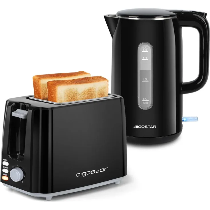 Aigostar Kombi-Set: Doppelwandiger Edelstahl Wasserkocher 1,7L und 2-Scheiben Toaster – Effiziente Küchenhelfer für perfektes Backen und Kochen