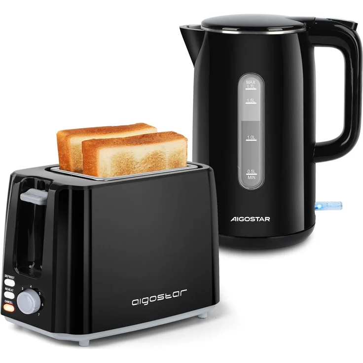 Aigostar Kombi-Set: Doppelwandiger Edelstahl Wasserkocher 1,7L und 2-Scheiben Toaster – Effiziente Küchenhelfer für perfektes Backen und Kochen