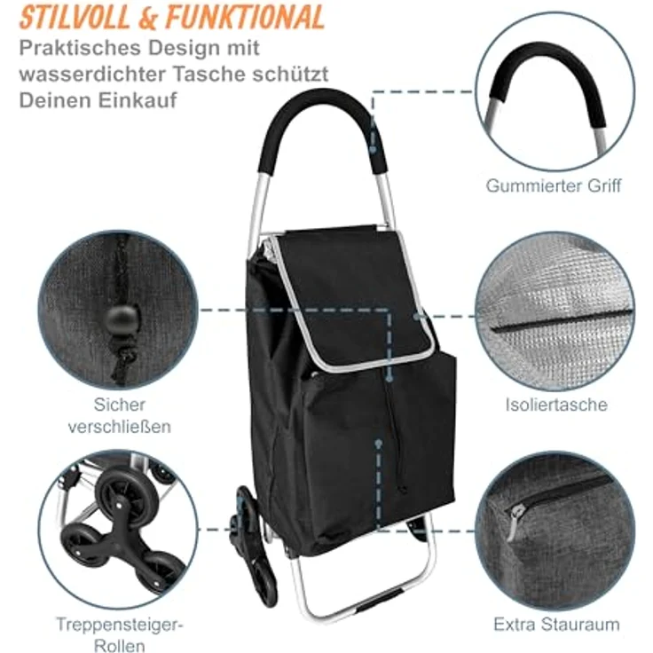relaxdays Einkaufstrolley Treppensteiger 45 l, mit Kühlfach und hohen Traglast in schwarz – Bild 3
