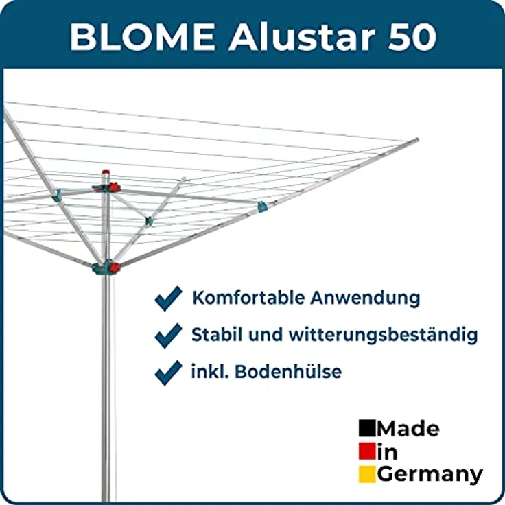 Blome Wäschespinne Alustar 50, 50 m Wäscheständer inkl. Bodenhülse zum Eindrehen – Bild 2