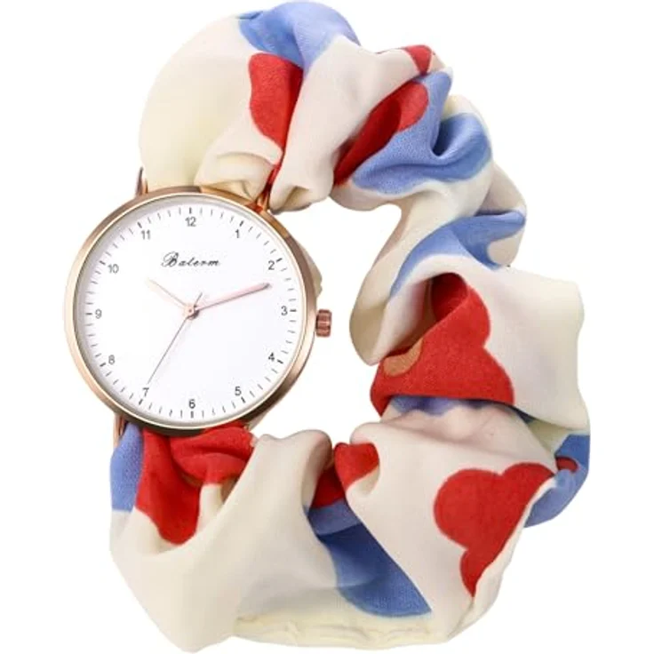 JewelryWe Damenuhr Elastisches Haarband Uhr Rot Blumen Floral Analog Quarz Armbanduhr mit Haargummi Stretch Armband, Multifunktionale Lässige Uhr für Frauen und Mädchen – Bild 1