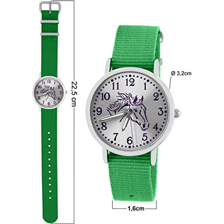 Pacific Time Mädchen Uhr 10303, Analog Quarz mit Pferdemotiv, grünes Textil Wechselarmband, 3,2 cm Gehäusedurchmesser, leuchtende Zeiger, verstellbar von 12,5 cm bis 19,5 cm – Bild 5