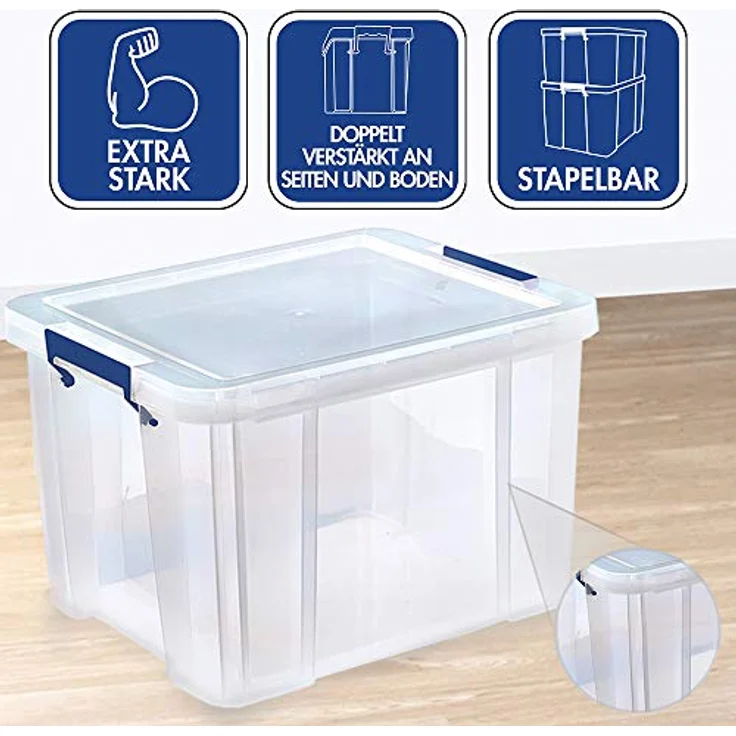 3 Bankers Box ProStore Aufbewahrungsbox aus Kunststoff mit Deckel, 36 l, superstarke stapelbare Kunststoff-Aufbewahrungsboxen (31,5 x 47,5 x 38 cm), transparent – Bild 3
