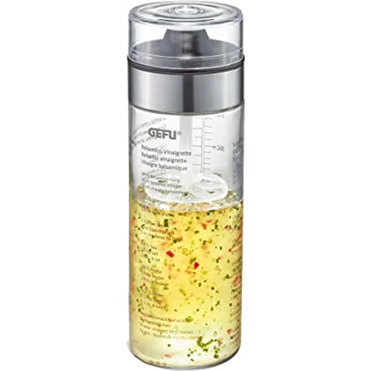GEFU Dressing Shaker MIX, auslaufsicherer Glas-Kunststoff-Mischer mit Doppelskala (ml/oz), 350 ml
