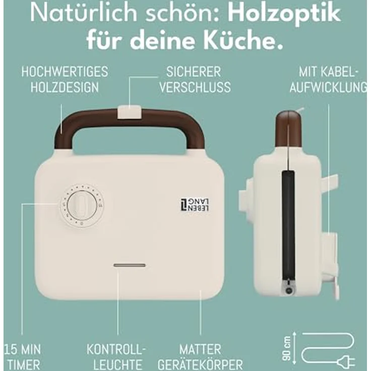 Lebenlang 3-in-1 Sandwichmaker, Waffeleisen und Kontaktgrill, 750 W mit Timer, Holzdesign – Bild 6