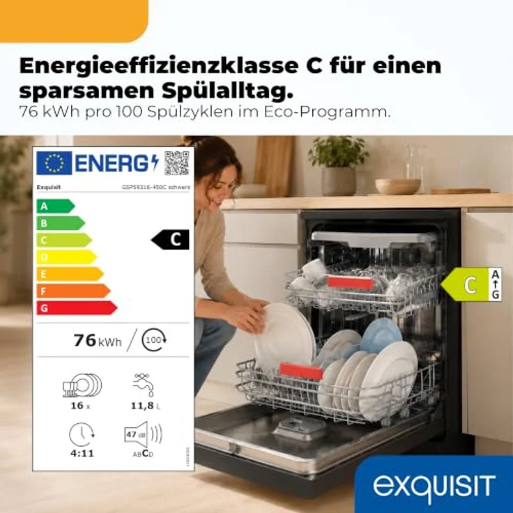 Exquisit GSP59316-450C Geschirrspüler, 16 Maßgedecke, Energieklasse C, 8 Spülprogramme, Aquastop, Innenbeleuchtung, unterbaufähig, schwarz – Bild 2