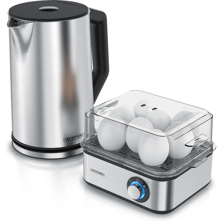 Arendo Frühstücks-Set, 8er Eierkocher EIGHTCOOK, Wasserkocher mit Temperatureinstellung, Silber