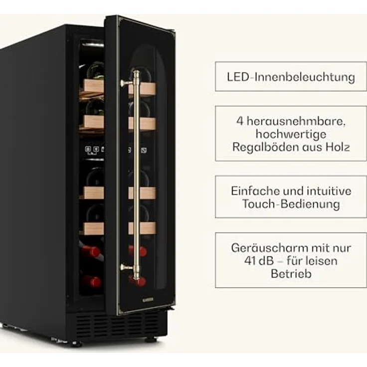 Klarstein Vinovilla 17 Built-in Duo Vilhelmine Edition Weinkühlschrank, Einbau, schwarz antik-Gold-Metallic, 17 Flaschen, Glastür, Energieklasse F – Bild 7