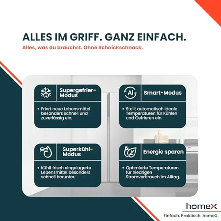 homeX CFBSN5441C-S Side by Side Kühlschrank, Kühl-Gefrier-Kombination 544 Liter, No Frost, Multi Airflow, leise 37 dB, silber – Bild 7