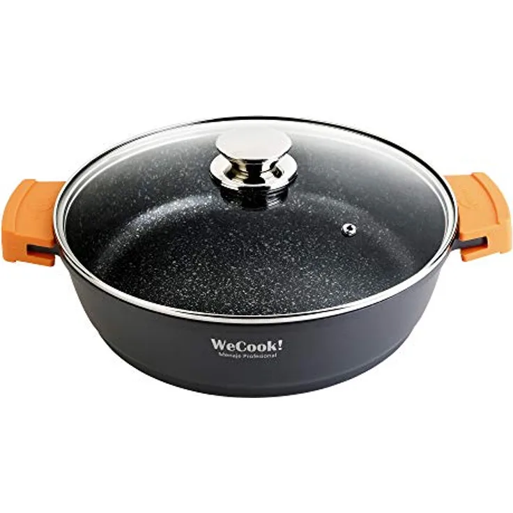WECOOK! Ecochef Titan Niedrige Kochtopf 30cm Induktion mit Glasdeckel, Antihaftbeschichtung QUANTANIUM PFOA-frei, Aluminiumguss, 5mm dick, Silikongriffe, Vitrokeramik, Gas, Backofen