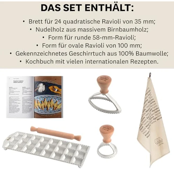 Marcato Ravioli Brett Set Wie ein Profi, inkl. 24er Ravioliform, Nudelholz, Küchentuch und internationalem Rezeptbuch – Bild 3