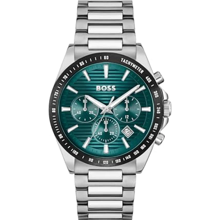 BOSS Strike Chrono, Chronograph Quarz Uhr für Herren mit grünem Sonnenstrahl-Zifferblatt und silbernem Edelstahlarmband, 41 mm, 5 ATM wasserfest, 1514241 – Bild 1