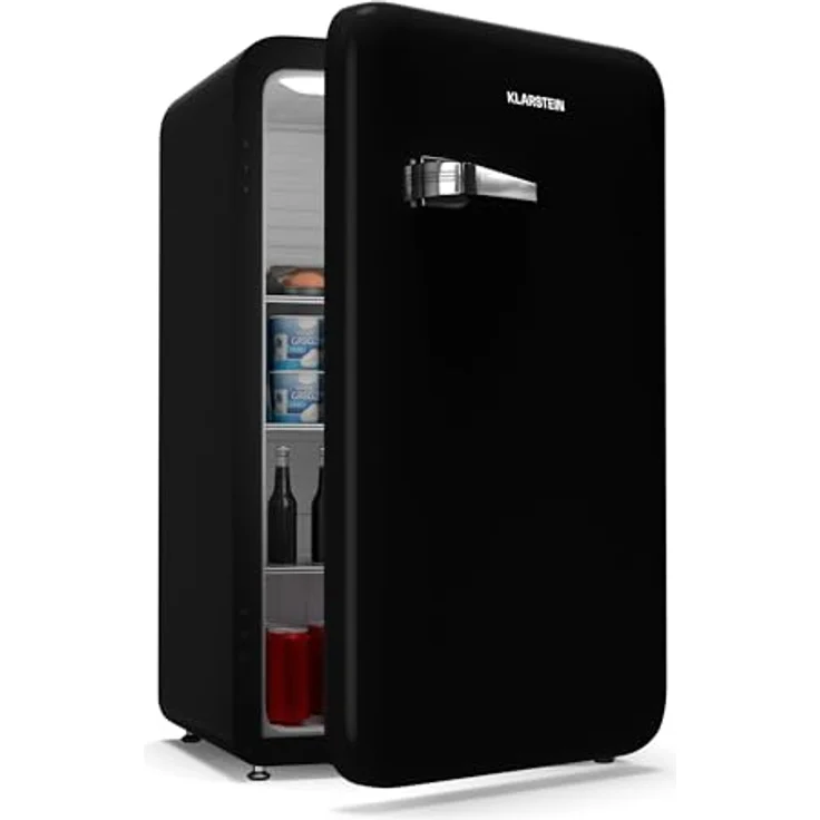 Klarstein Audrey Evo Retro Kühlschrank, 112L, Kühlschrank ohne Gefrierfach, leise 40 dB, wendetür, verstellbare Füße, 0–10 °C, schwarz – Bild 1