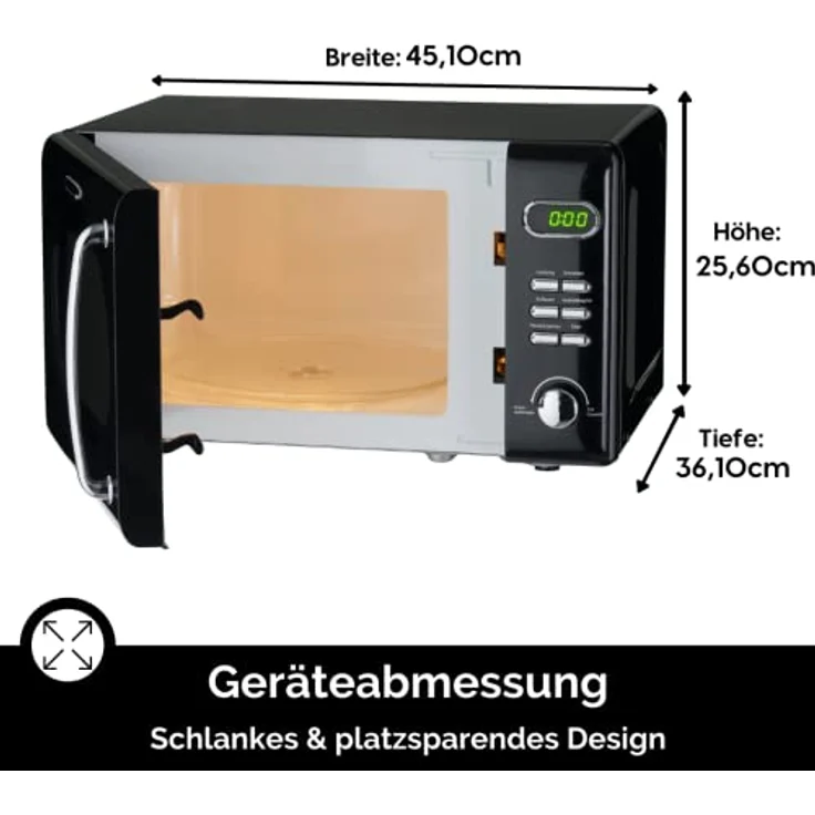 PKM WOLKENSTEIN Mikrowelle WMW720, Retro, Standgerät, 700 Watt, schwarz, 20 Liter Garraum, 8 Automatik-Programme, Drehteller, 60 Min Timer, Kindersicherung – Bild 6