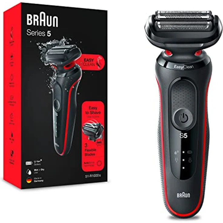 Braun Series 5 Rasierer für Herren, Elektrorasierer, EasyClean, Wet & Dry, wiederaufladbar & kabellos, Vatertagsgeschenk, 51-R1000s, Rot – Bild 1