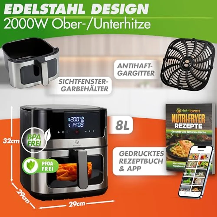 Nutrilovers Heißluftfritteuse NUTRI-FRYER EDELSTAHL XXL, 8L, 2000W, mit LED Touch Display, Double Heating Technologie, Sichtfenster, fettarm, inkl. Rezepte – Bild 2