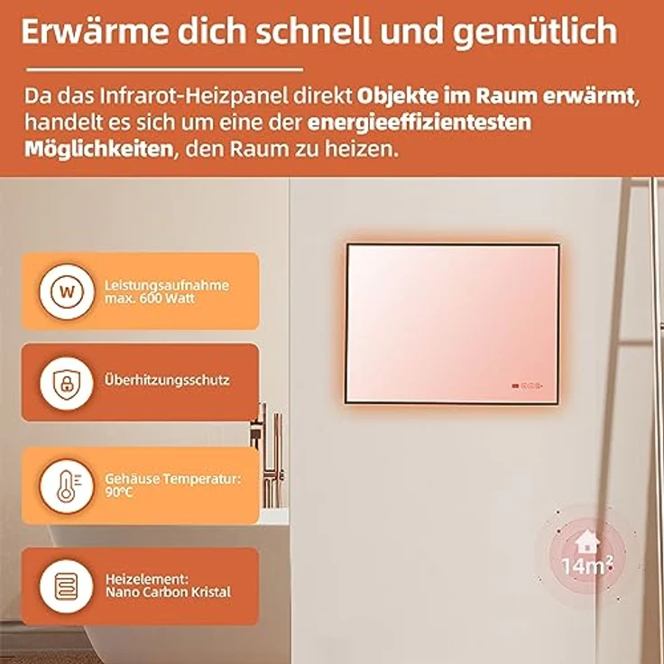 SHX Infrarot-Spiegelheizung mit WiFi 600W SHXCM600Wifi – Heizpaneel mit Spiegel aus Sicherheitsglas, 600 Watt, Touch-Bedienfeld, WiFi, weiß – Bild 4