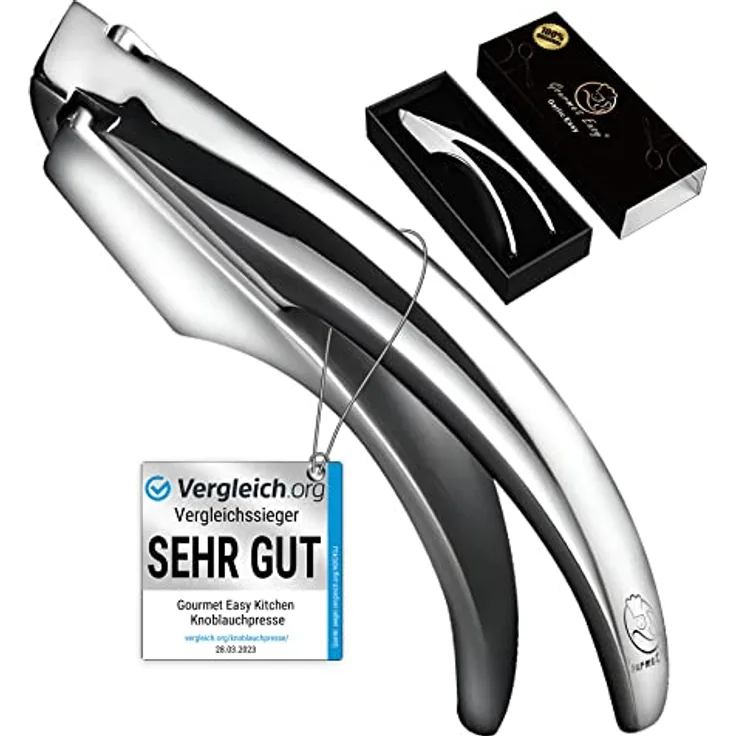 Gourmet Easy Knoblauchpresse Edelstahl für Knoblauch & Ingwer | Kein Schälen notwendig, spülmaschinengeeignet, 5 Jahre Garantie