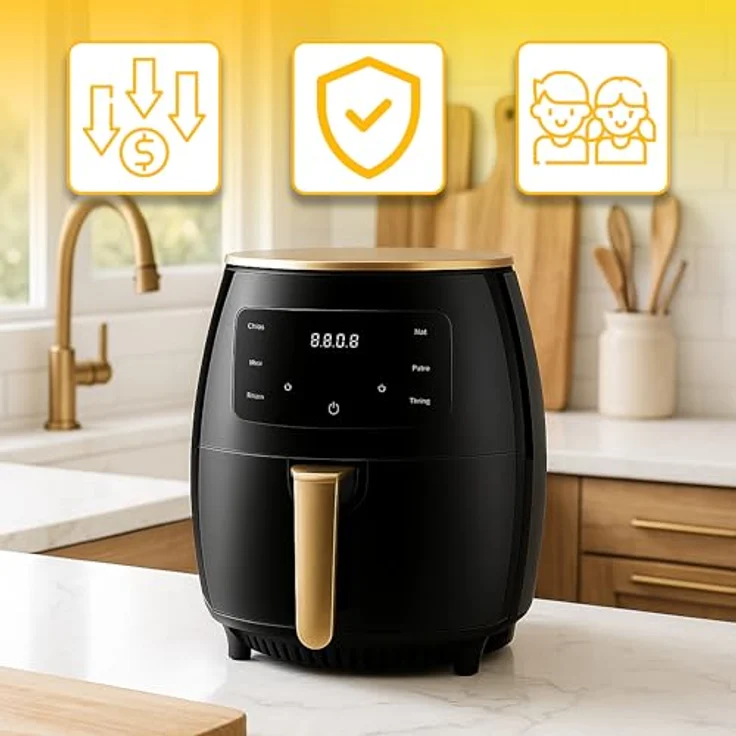 Retoo Heißluftfritteuse 6L Airfryer 2400W, 6 Programme, leise, Schwarz und Gold, LCD Display, LED Touchscreen – Bild 5