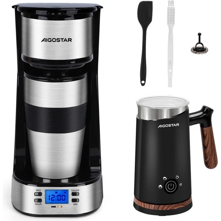 Aigostar Filterkaffeemaschine mit Thermobecher, 420 ml, 750W, Edelstahl, AutoClean, 24H Timer, LCD-Anzeige, abnehmbarer Filter