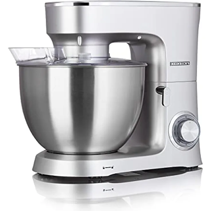 HEINRICHS Küchenmaschine Knetmaschine Teigmaschine Rührmaschine 1500W Küchengerät Rührbesen Knethaken Schneebesen 6 einstellbare Geschwindigkeiten XXL 8L Edelstahlschüssel geräuscharm ((Silber)