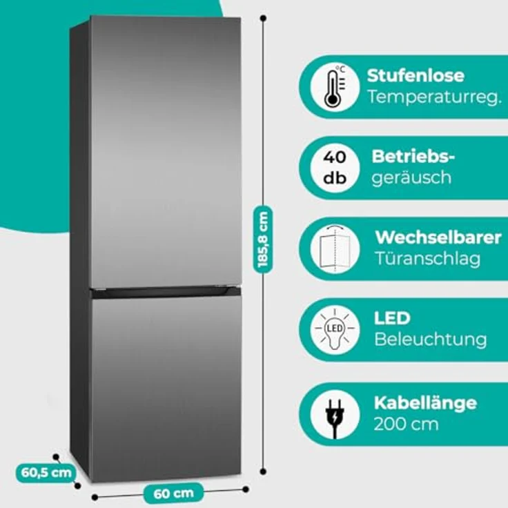 Bomann® XXL Kühlschrank mit Gefrierfach 186cm | 60cm breit | Kühlgefrierkombi 4 Ablagen, inox – Bild 3