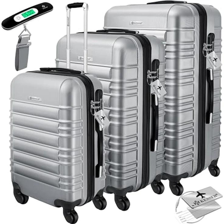 KESSER® 3pcs Hartkoffer Koffer Set Reisekoffer Set Trolley Koffer inkl. Gepäckwaage + Gepäckanhänger Rolling Kofferschloss 4 Rollen ABS Hartschale Teleskopgriff M-L-XL, Silber – Bild 1