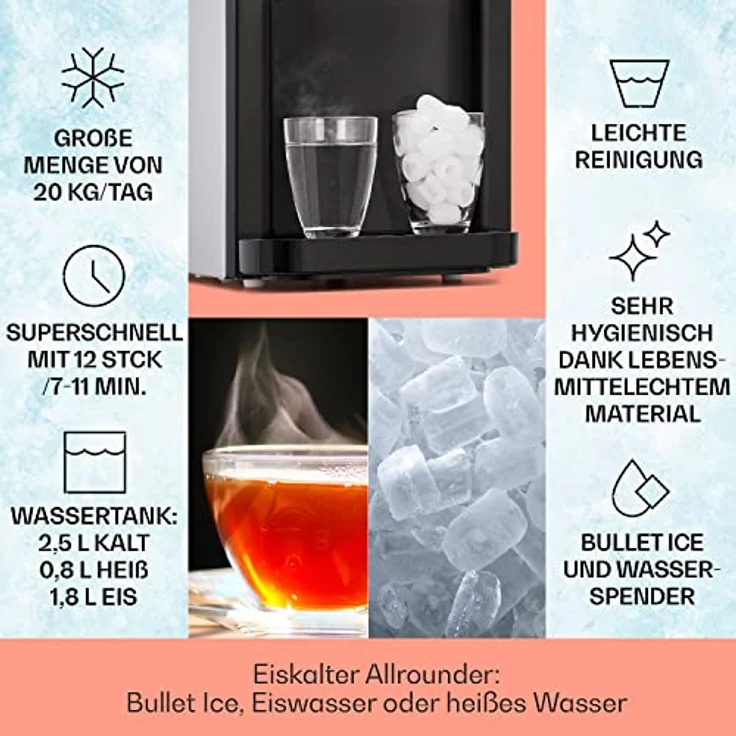 Klarstein Eiswürfelmaschine für Zuhause Camping Gastro, Schnelle Mini Eiswürfelmaschine Klein, Profi Eismaschine für Große Kleine Klare Eiswürfel, Selbstreinigend mit 3L Eiswürfelbehälter, 20kg/24h – Bild 2