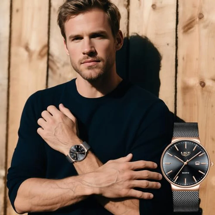 LIGE Ultra Kalender Herrenuhr, Analoge Quarz mit Rotgold Zifferblatt, Edelstahl Gitterband, 3ATM wasserdicht, Luxus Armbanduhr für Freizeit und Business – Bild 5
