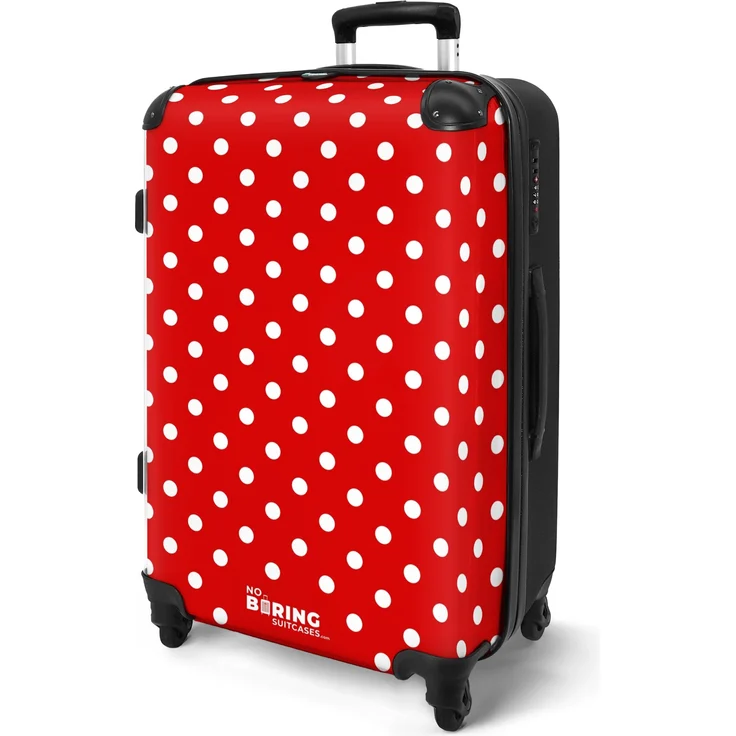 NoBoringSuitcases.com© Hartschalen-Trolley Weiße Punkte auf rotem Hintergrund 67x43x25cm, 4 Rollen, Koffer Mittelgroß, Suitcase für Erwachsene – Bild 1
