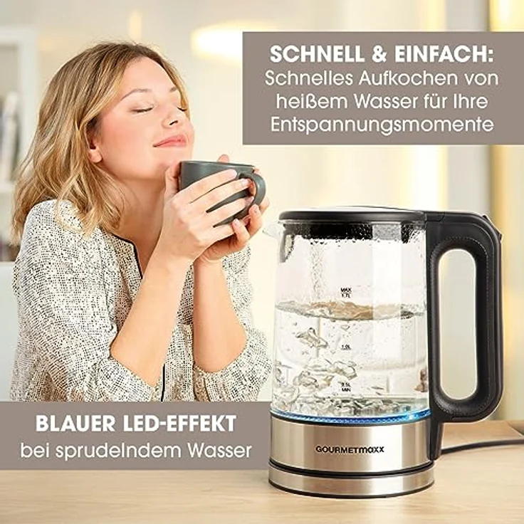 GOURMETmaxx Glas-Wasserkocher in zeitlosem Edelstahl-Design mit blauer LED-Beleuchtung | Praktische Wasserstandsanzeige, Antikalkfilter, 1,7 Liter Fassungsvermögen – Bild 3
