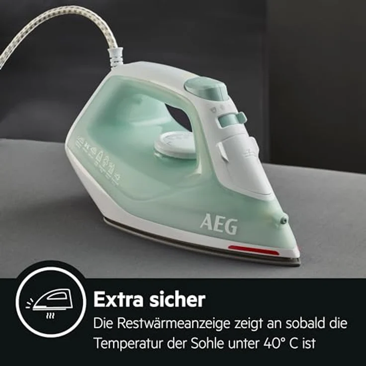 AEG DB 1740LG Dampfbügeleisen (2400 Watt, 110g Dampfstoß, 0-30g Dampf-Min., Restwärmeanzeige, Keramik Bügelsohle, Gleitfähigkeit, 250 ml Wassertank, 2 m Kabel, Anti-Kalk System, hellgrün-weiß) – Bild 6