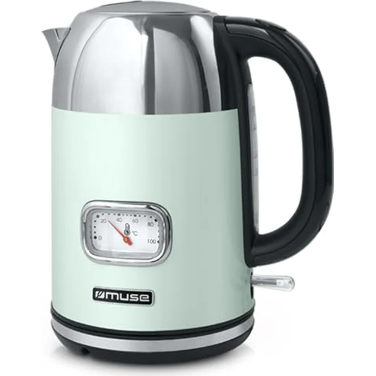 Muse Edelstahl Retro Wasserkocher MS-020, 1,7L mit analoger Temperaturanzeige, waschbarem Filter, automatischer Abschaltung, pastell-grün – Bild 1