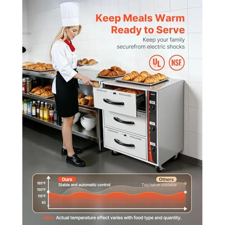 VEVOR DW3, kommerzieller elektrischer Schubladenwärmer mit 3 Schubladen, Edelstahl, Temperaturbereich 30–85 °C, für Restaurants und Bäckereien – Bild 2