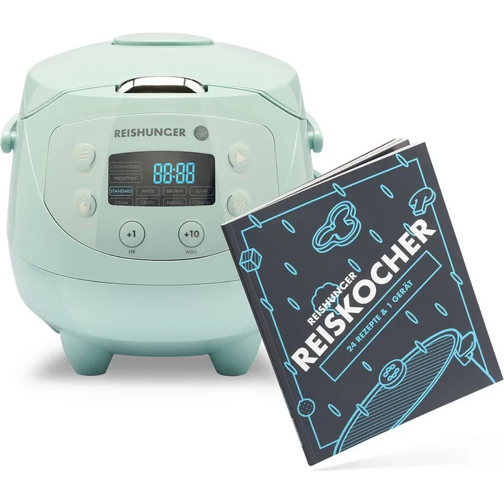 Reishunger Digitaler Mini Reiskocher Bundle, 0,6 L, 350 W, Dämpfeinsatz, Timer- und Warmhaltefunktion, 7 Kochprogramme