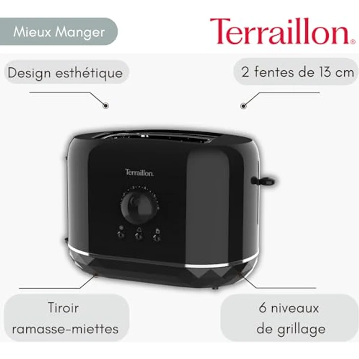 TERRAILLON Schwarzer Diamant Toaster, 2 Schlitze 13 cm, 6 Leistungsstufen (870 W), Aufwärm- und Auftaufunktion, Schwarz – Bild 4