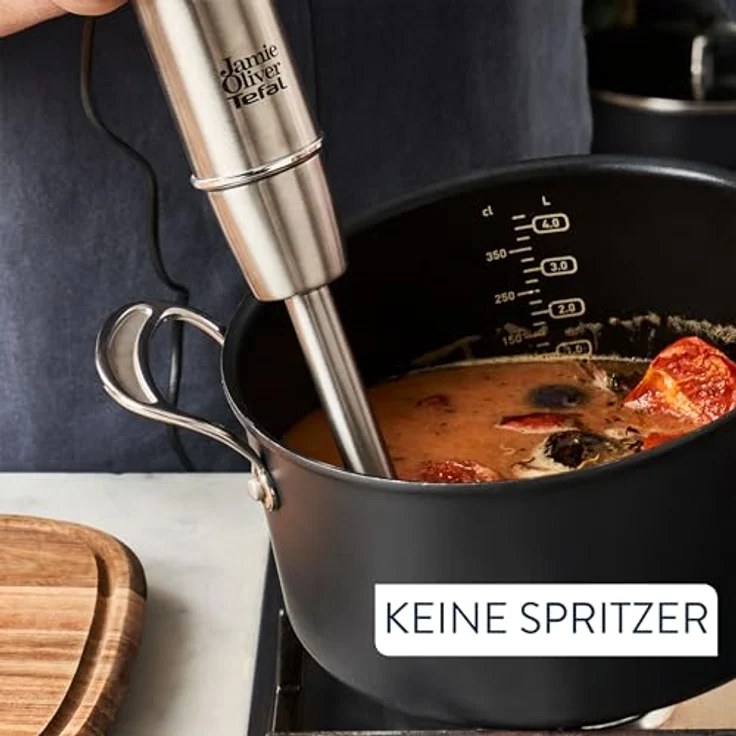 Tefal Jamie Oliver HB95JD10 Stabmixer, 1200 Watt, Edelstahlklingen, Multi-Speed Trigger, spülmaschinengeeignet, Schwarz/Edelstahl, inkl. 800 ml Becher – Bild 4