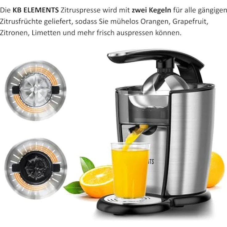KB ELEMENTS elektrische Saftpresse, Zitruspresse mit 300W Vollkupfer-Motor, Edelstahl, 2 Kegel, 700ml Saftbehälter, integrierter Handhebel, Tropfstop – Bild 3